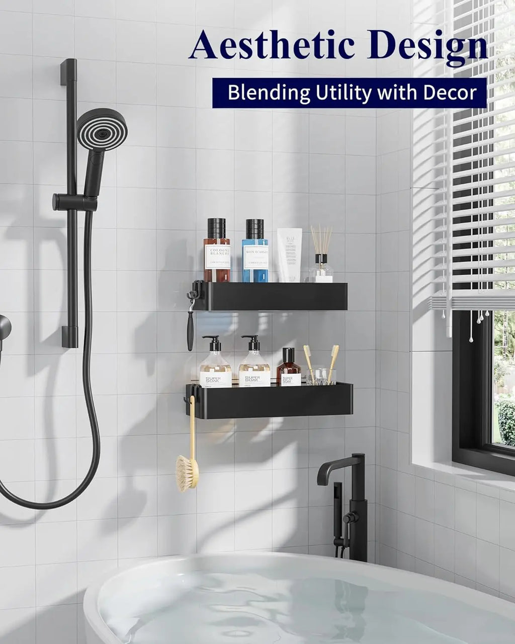 2-Pack Adhesive Shower Organizer, Rustproof Metal Shelves, No-Drill Bathroom Storage, Black Large