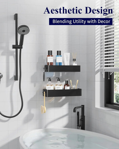 2-Pack Adhesive Shower Organizer, Rustproof Metal Shelves, No-Drill Bathroom Storage, Black Large