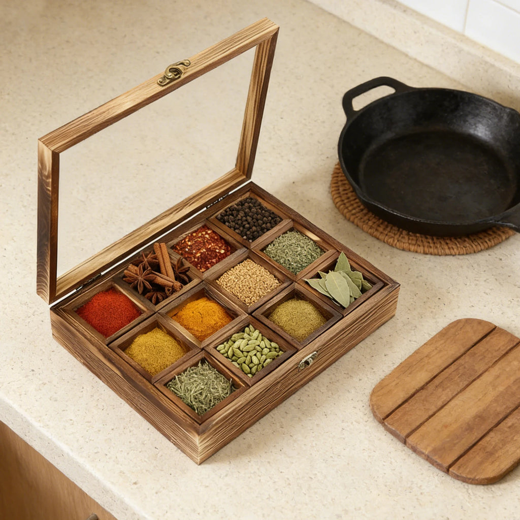 12 Compartments Wooden Spice Box, Retro Spice Fit Box, Spice Container for Storing Spices & Herbs, Multipurpose Decorative Boxes